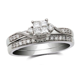 Previously Owned - 1/3 CT. T.W. Quad Princess-Cut Diamond Soldered Bridal Set in 10K White Gold