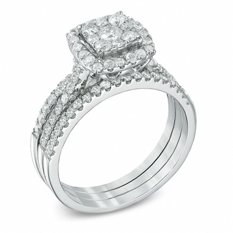Main Image 2 of Previously Owned - 1 CT. T.W. Composite Diamond Frame Soldered Bridal Set in 10K White Gold