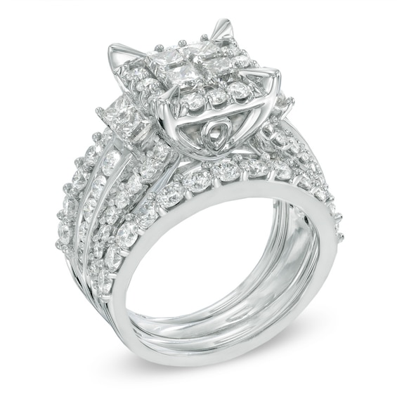 Previously Owned - 4 CT. T.w. Quad Princess-Cut Diamond Frame Three Piece Soldered Bridal Set in 14K White Gold
