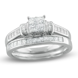 Previously Owned - 1 CT. T.W. Quad Princess-Cut Diamond Collar Soldered Bridal Set in 14K White Gold