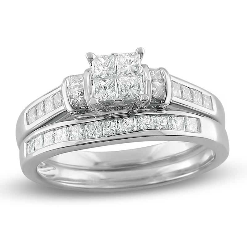 Main Image 1 of Previously Owned - 1 CT. T.W. Quad Princess-Cut Diamond Collar Soldered Bridal Set in 14K White Gold