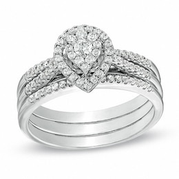 Previously Owned - 1/2 CT. T.W. Diamond Cluster Pear-Shaped Frame Three Piece Soldered Bridal Set in 10K White Gold