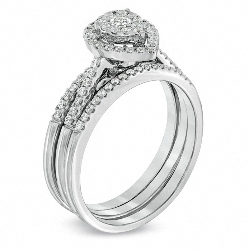Main Image 2 of Previously Owned - 1/2 CT. T.W. Diamond Cluster Pear-Shaped Frame Three Piece Soldered Bridal Set in 10K White Gold