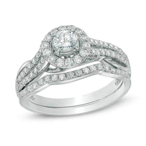Previously Owned - 1 CT. T.w. Diamond Frame Swirl Soldered Bridal Set in 14K White Gold