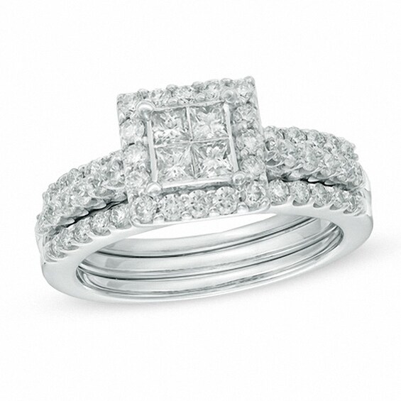 Previously Owned - 1-1/4 CT. T.w. Quad Princess-Cut Diamond Soldered Bridal Set in 14K White Gold
