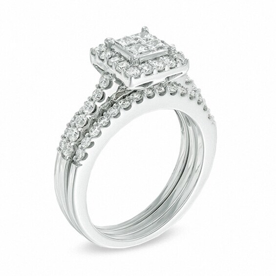 Previously Owned - 1-1/4 CT. T.w. Quad Princess-Cut Diamond Soldered Bridal Set in 14K White Gold