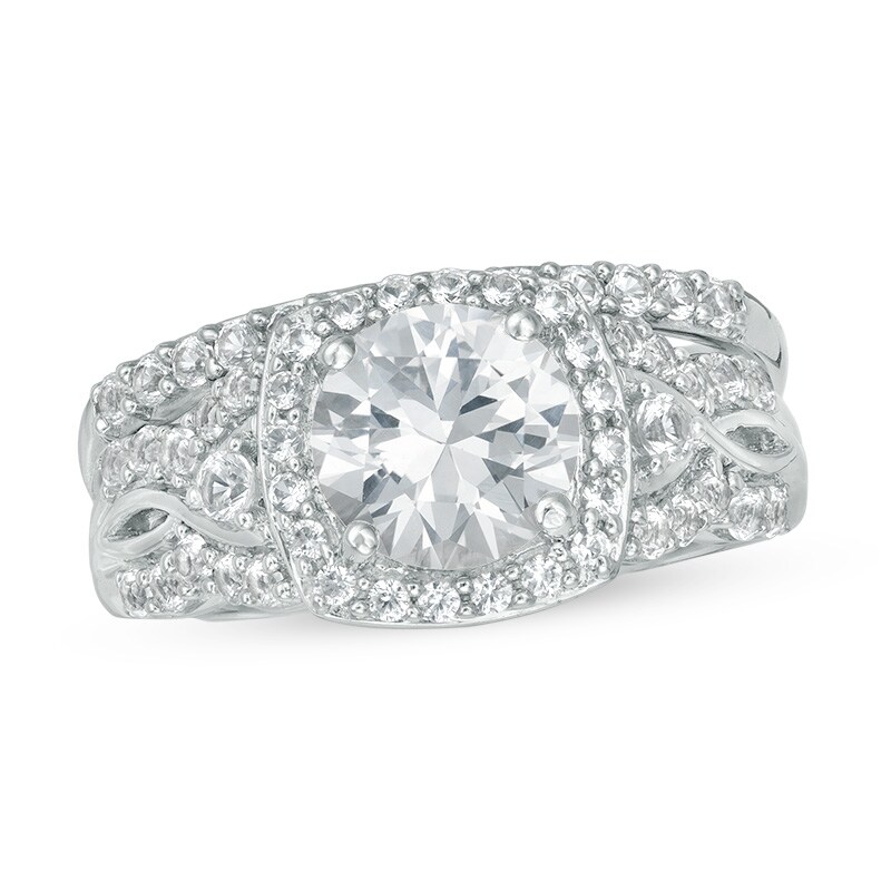 Main Image 1 of Previously Owned - Lab-Created White Sapphire Cushion Frame Twist Soldered Bridal Set in Sterling Silver