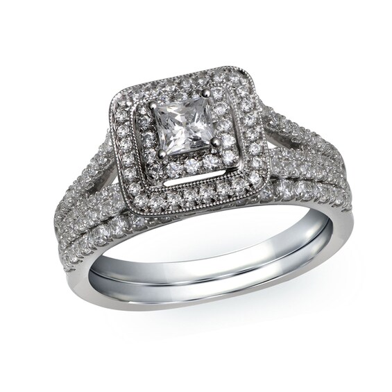 Previously Owned - 1-1/4 CT. T.w. Princess-Cut Diamond Double Frame Soldered Bridal Set in 14K White Gold