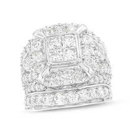 Previously Owned - 5 CT. T.W. Quad Princess-Cut Diamond Frame Multi-Row Soldered Bridal Set in 14K White Gold