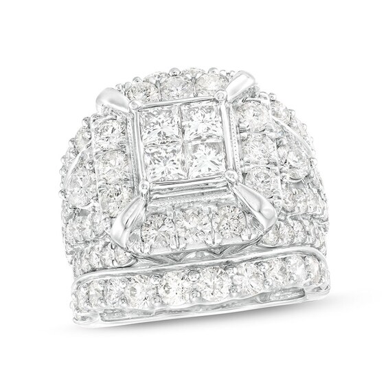 Previously Owned - 5 CT. T.w. Quad Princess-Cut Diamond Frame Multi-Row Soldered Bridal Set in 14K White Gold