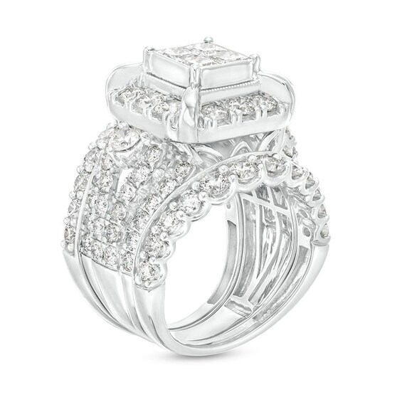 Previously Owned - 5 CT. T.w. Quad Princess-Cut Diamond Frame Multi-Row Soldered Bridal Set in 14K White Gold