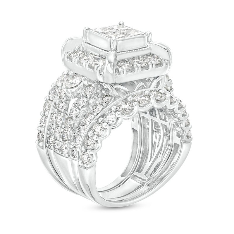 Main Image 3 of Previously Owned - 5 CT. T.W. Quad Princess-Cut Diamond Frame Multi-Row Soldered Bridal Set in 14K White Gold