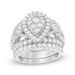 Previously Owned - 3 CT. T.W. Composite Diamond Pear-Shaped Frame Three Piece Soldered Bridal Set in 14K White Gold