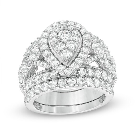 Previously Owned - 3 CT. T.w. Composite Diamond Pear-Shaped Frame Three Piece Soldered Bridal Set in 14K White Gold