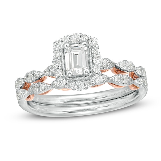 Previously Owned - Celebration Ideal 3/4 CT. T.w. Emerald-Cut Diamond Frame Soldered Bridal Set in 14K Two-Tone Gold