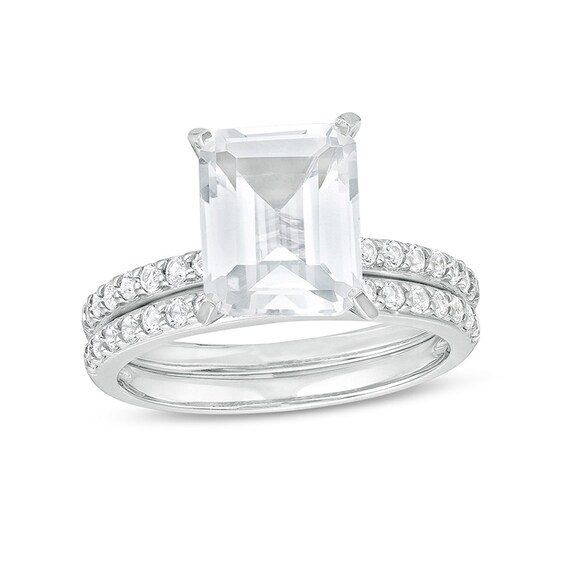 Previously Owned - Emerald-Cut and Round White Lab-Created Sapphire Soldered Bridal Set in Sterling Silver