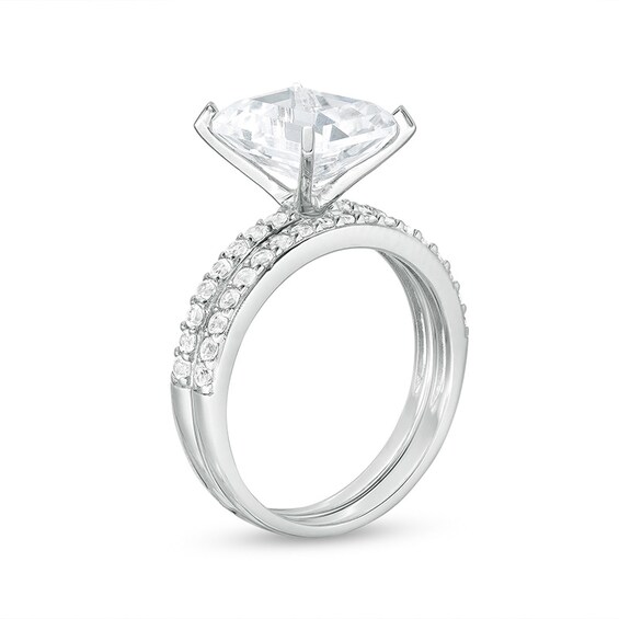 Previously Owned - Emerald-Cut and Round White Lab-Created Sapphire Soldered Bridal Set in Sterling Silver
