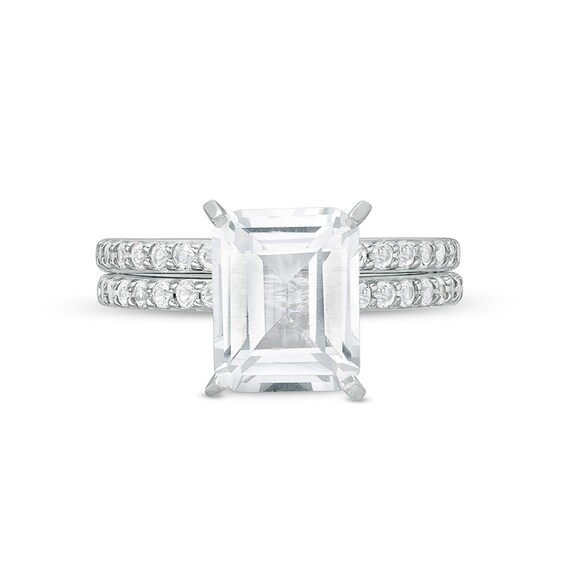 Previously Owned - Emerald-Cut and Round White Lab-Created Sapphire Soldered Bridal Set in Sterling Silver
