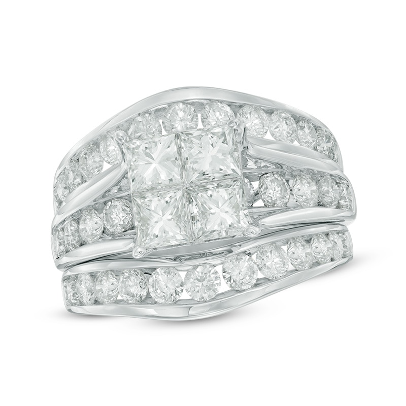 Main Image 1 of Previously Owned - 3.40 CT. T.W. Quad Princess-Cut Diamond Soldered Bridal Set in 14K White Gold