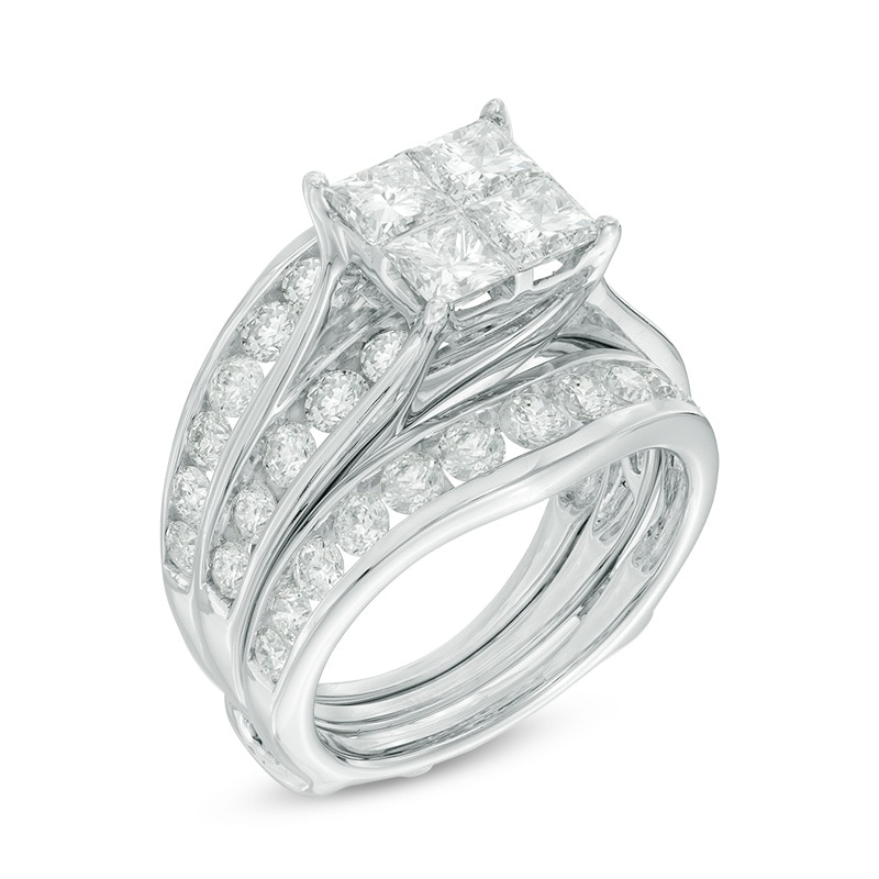 Main Image 2 of Previously Owned - 3.40 CT. T.W. Quad Princess-Cut Diamond Soldered Bridal Set in 14K White Gold
