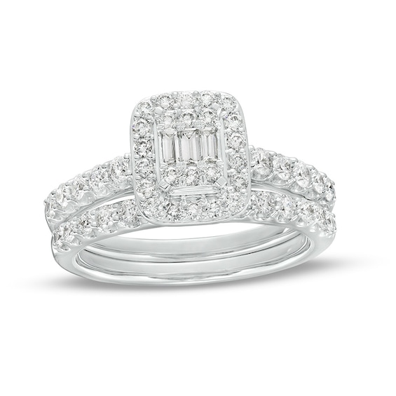 Previously Owned - 1 CT. T.w. Emerald-Shaped Multi-Diamond Frame Soldered Bridal Set in 14K White Gold