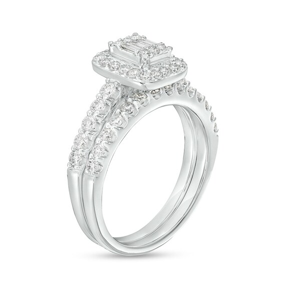 Previously Owned - 1 CT. T.w. Emerald-Shaped Multi-Diamond Frame Soldered Bridal Set in 14K White Gold