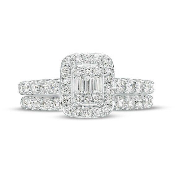 Previously Owned - 1 CT. T.w. Emerald-Shaped Multi-Diamond Frame Soldered Bridal Set in 14K White Gold
