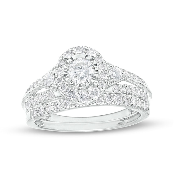 Previously Owned - 1 CT. T.w. Diamond Frame Tri-Sides Split Shank Soldered Bridal Set in 14K White Gold