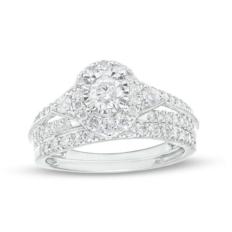 Main Image 1 of Previously Owned - 1 CT. T.W. Diamond Frame Tri-Sides Split Shank Soldered Bridal Set in 14K White Gold