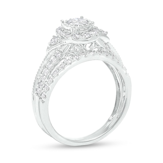 Previously Owned - 1 CT. T.w. Diamond Frame Tri-Sides Split Shank Soldered Bridal Set in 14K White Gold