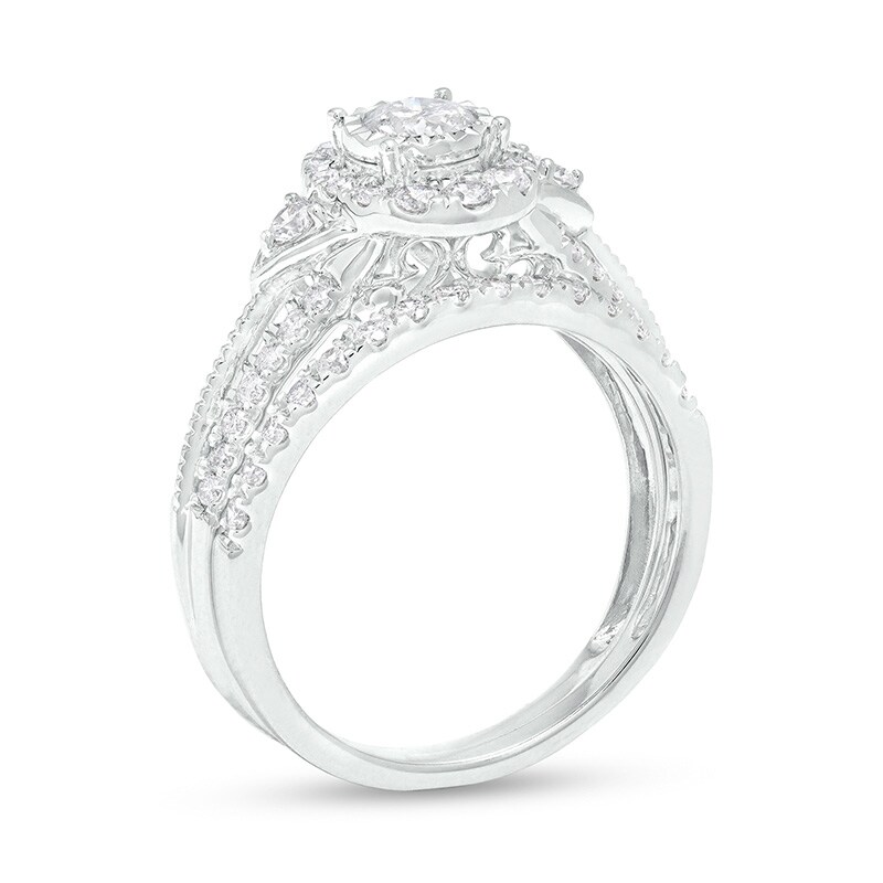 Main Image 3 of Previously Owned - 1 CT. T.W. Diamond Frame Tri-Sides Split Shank Soldered Bridal Set in 14K White Gold