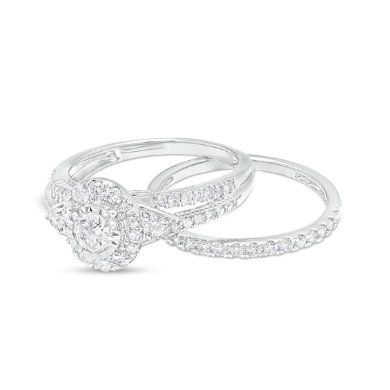 Previously Owned - 1 CT. T.w. Diamond Frame Tri-Sides Split Shank Soldered Bridal Set in 14K White Gold