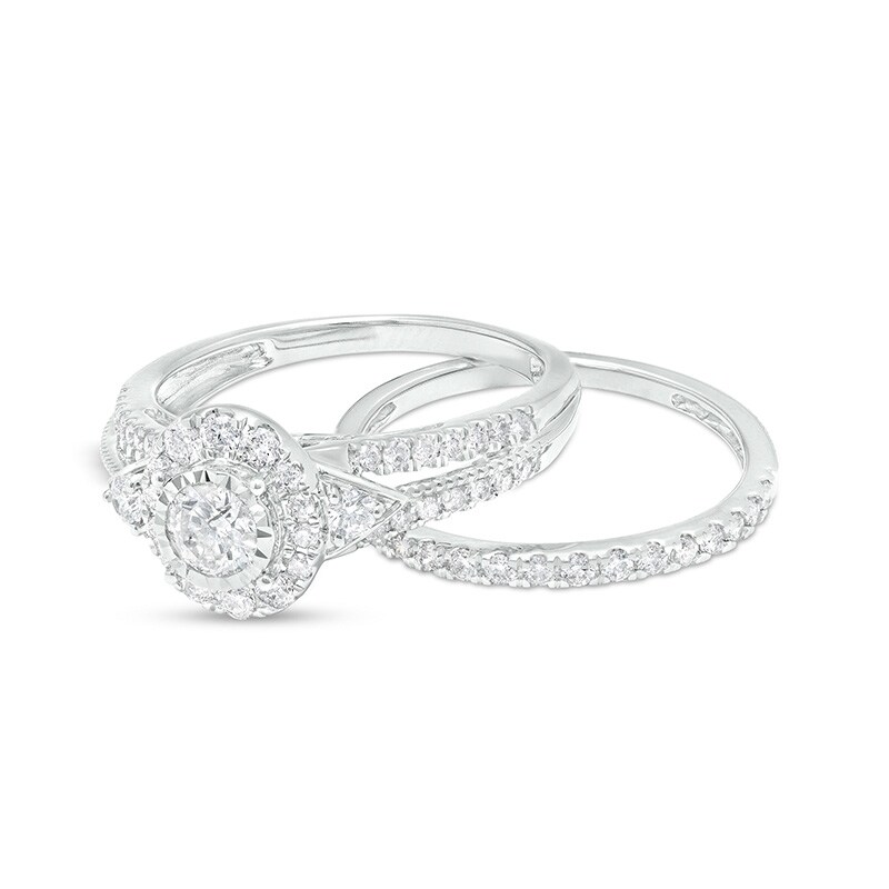 Main Image 4 of Previously Owned - 1 CT. T.W. Diamond Frame Tri-Sides Split Shank Soldered Bridal Set in 14K White Gold