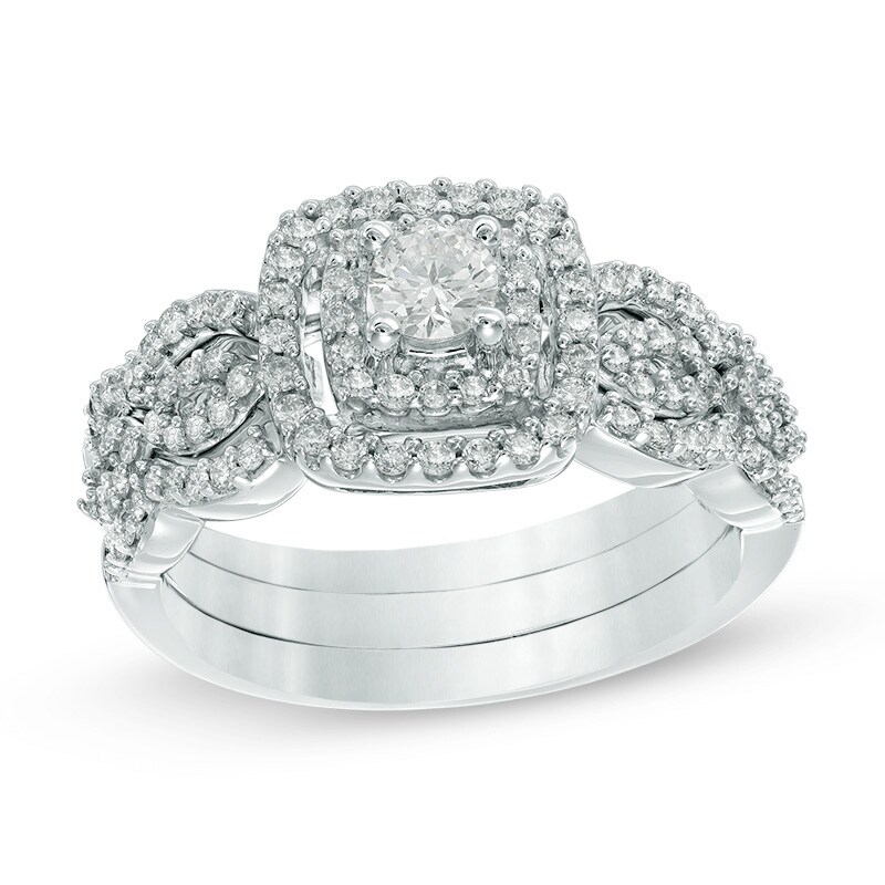 Main Image 1 of Previously Owned - 5/8 CT. T.W. Diamond Double Frame Soldered Bridal Set in 10K White Gold