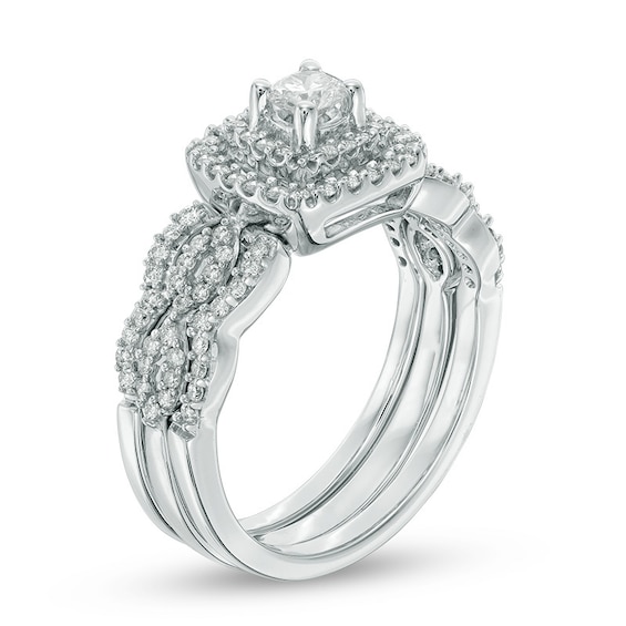 Previously Owned - 5/8 CT. T.w. Diamond Double Frame Soldered Bridal Set in 10K White Gold