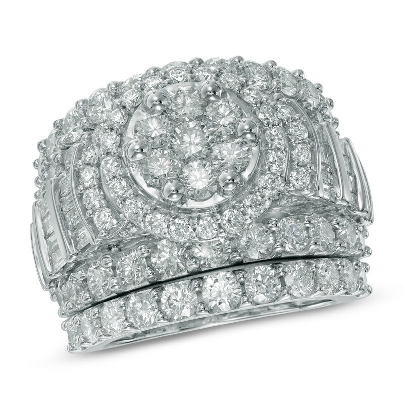 Main Image 1 of Previously Owned - 5 CT. T.W. Multi-Diamond Frame Three Piece Soldered Bridal Set in 14K White Gold