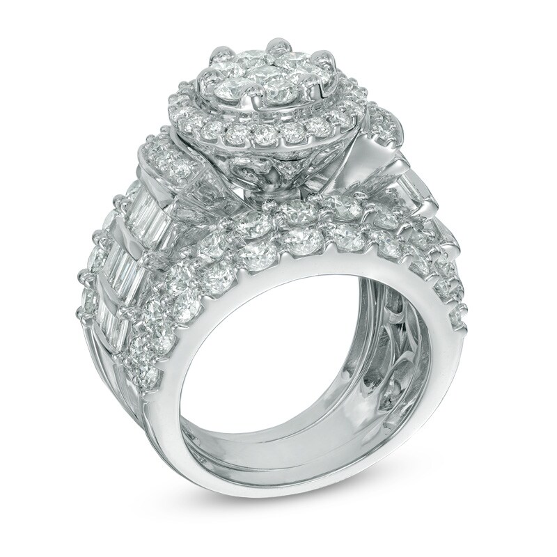 Main Image 2 of Previously Owned - 5 CT. T.W. Multi-Diamond Frame Three Piece Soldered Bridal Set in 14K White Gold