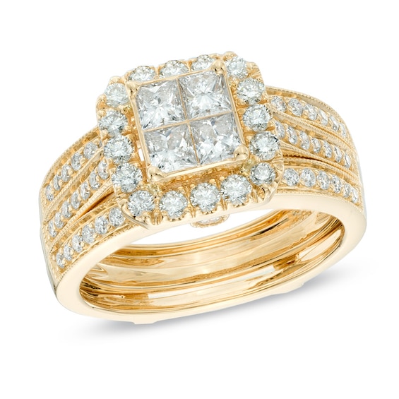 Previously Owned - 1-1/2 CT. T.w. Quad Princess-Cut Diamond Frame Soldered Bridal Set in 14K Gold