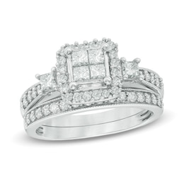 Previously Owned - 1 CT. T.W. Quad Princess-Cut Diamond Soldered Bridal Set in 10K White Gold