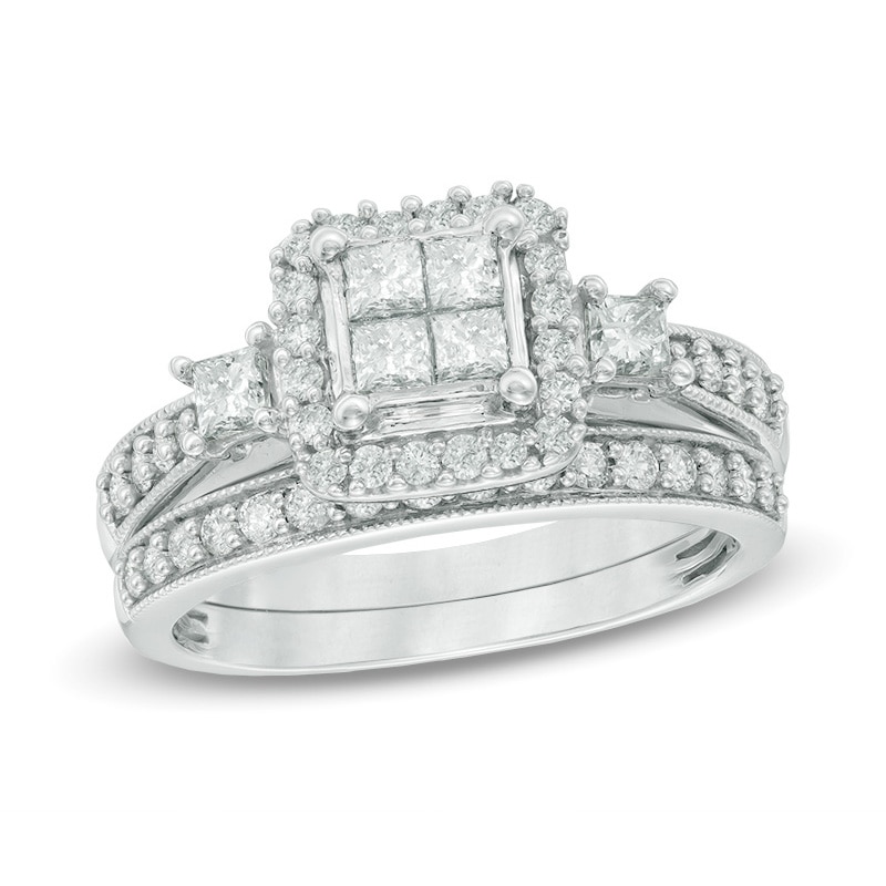 Main Image 1 of Previously Owned - 1 CT. T.W. Quad Princess-Cut Diamond Soldered Bridal Set in 10K White Gold