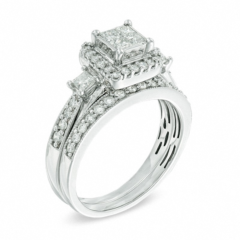 Main Image 2 of Previously Owned - 1 CT. T.W. Quad Princess-Cut Diamond Soldered Bridal Set in 10K White Gold