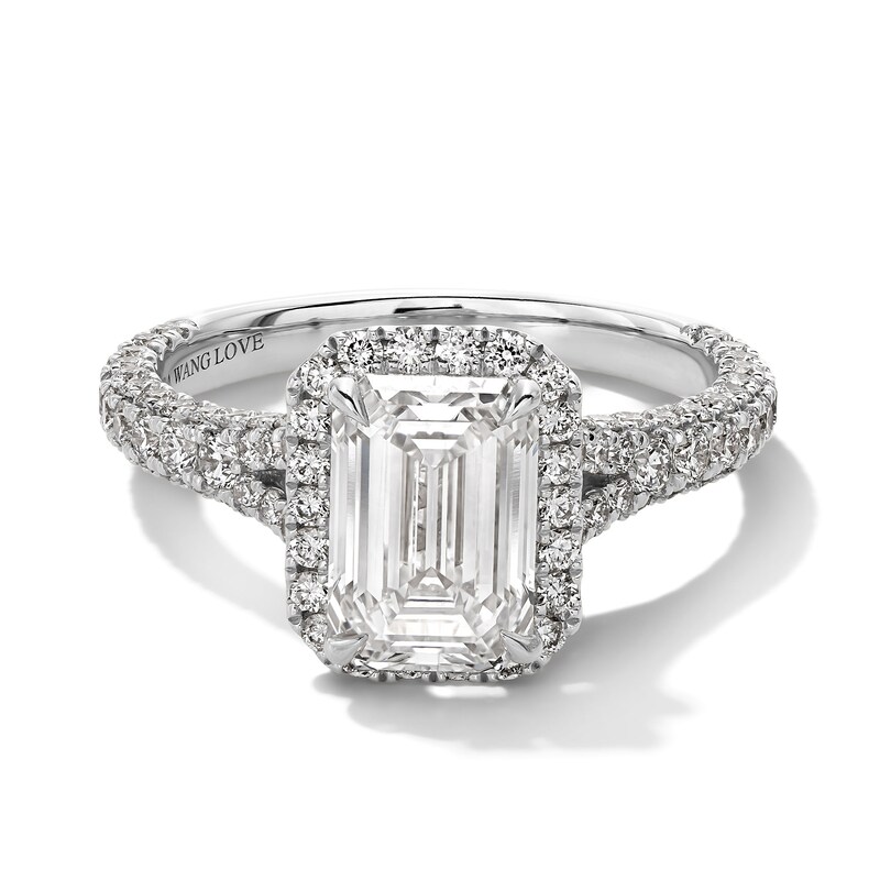Main Image 1 of Vera Wang Love Collection 3 CT. T.W. Emerald-Cut Certified Lab-Grown Diamond Engagement Ring in Platinum (F/VS2)