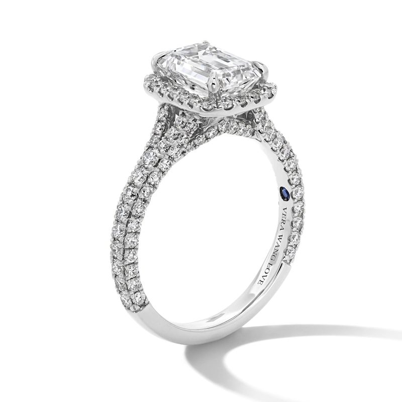Main Image 3 of Vera Wang Love Collection 3 CT. T.W. Emerald-Cut Certified Lab-Grown Diamond Engagement Ring in Platinum (F/VS2)