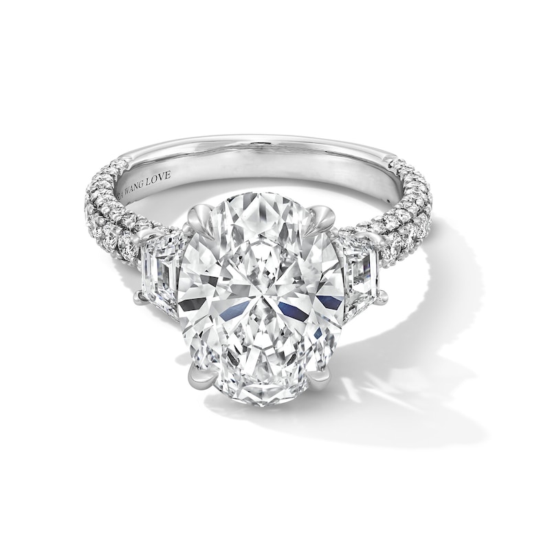 Main Image 1 of Vera Wang Love Collection 5.29 CT. T.W. Oval Certified Lab-Grown Diamond Three-Stone Engagement Ring in Platinum (F/VS2)