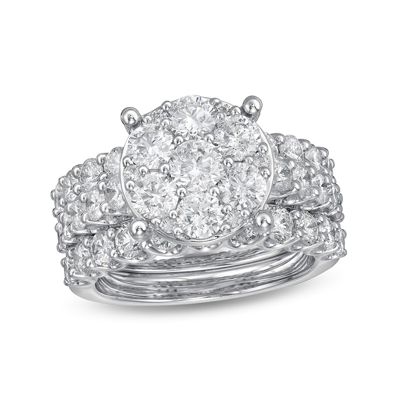 Main Image 1 of Previously Owned - 4 CT. T.W. Multi-Diamond Vintage-Style Three Piece Soldered Bridal Set in 14K White Gold