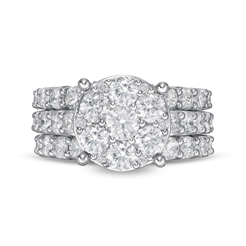 Main Image 4 of Previously Owned - 4 CT. T.W. Multi-Diamond Vintage-Style Three Piece Soldered Bridal Set in 14K White Gold