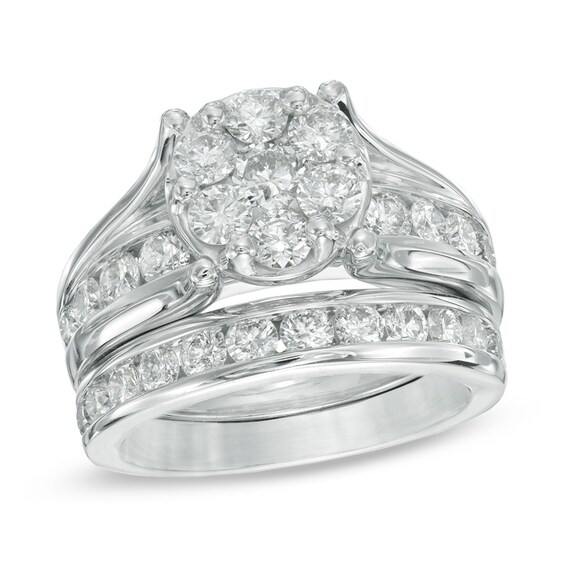 Previously Owned - 2-1/2 CT. T.w. Diamond Cluster Soldered Bridal Set in 14K White Gold