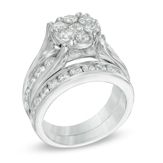 Previously Owned - 2-1/2 CT. T.w. Diamond Cluster Soldered Bridal Set in 14K White Gold