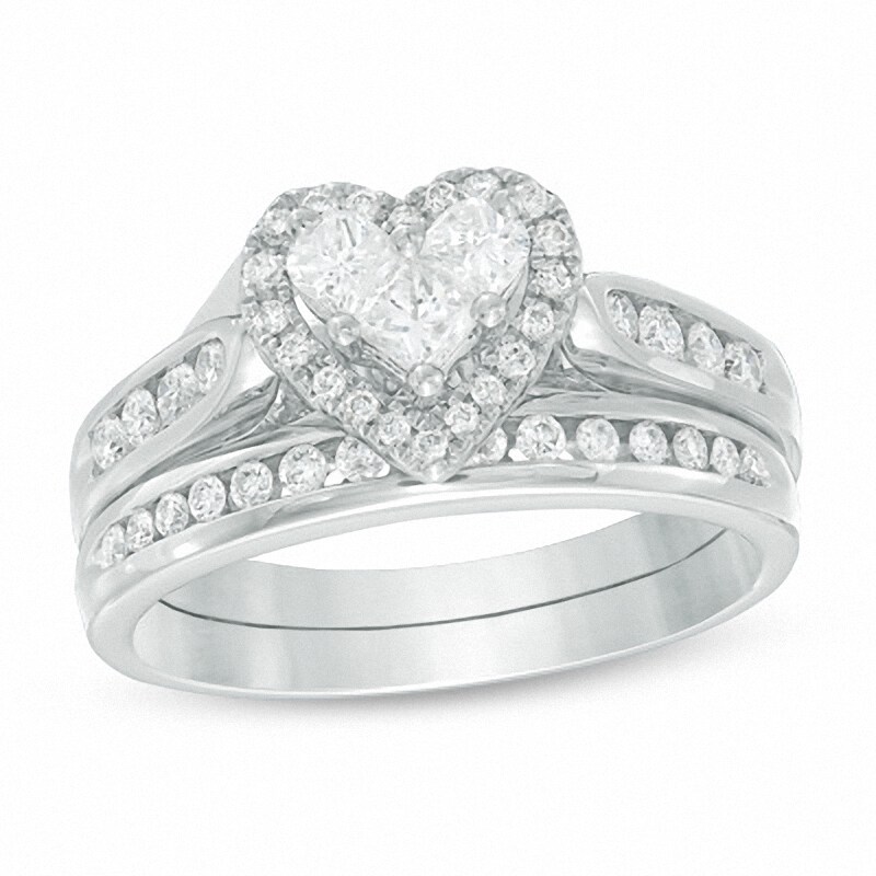Main Image 1 of Previously Owned - 3/4 CT. T.W. Diamond Heart Soldered Bridal Set in 14K White Gold