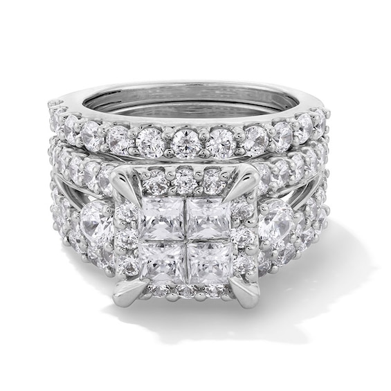 Previously Owned - 4 CT. T.w. Quad Princess-Cut Diamond Frame Three Piece Soldered Bridal Set in 14K White Gold